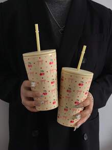 1入組卡通花系列塑料吸管杯，扁平底杯，旅行戶外杯，汽車杯，可重複使用的飲料杯，節日禮物，16.23安士/480毫升