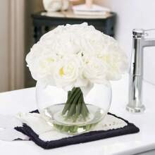 16 Heads Silk Rose Artificial Flowers In Vase Faux Rose Flowers Arrangement In Round Bowl Vase With Faux Water For Table Decor Centerpieces