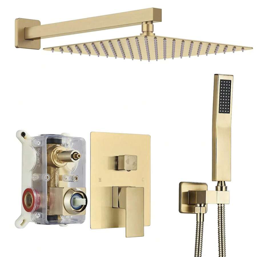 Shower Faucet Set Shower System Luxury Rainfall Shower Head Combo Set With 8-Inch/10-Inch/12-Inch/16-Inch Rain Showerhead And Handheld ShowerheadWall Mounted Mixer Valve Brushed Nickle/Matte Black/Polished Silver/Brushed Gold - 拉絲金-12寸 - 查看 1