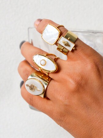 4pcs/Set Vintage Stainless Steel Retro Fashion Square Mother Of Faux Pearl Octagonal Star Striped Snake Pattern Gold Openwork Ring Set, Suitable For Women's Daily Wear, Halloween, Valentine's Day, Thanksgiving Day Gift, Friends Jewelry Party, Travel Souvenir In Hawaii