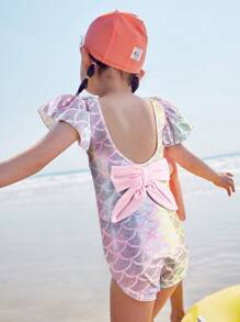 mini bala 夏季女童甜美婴儿防紫外线连体泳衣 - 紅色 - 查看 2