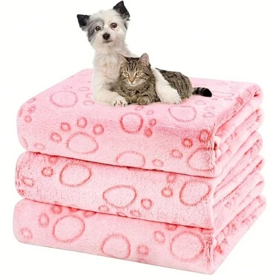 1-pack fluffigt rosa hundtäcke med tasstryck i supermjuk fiber - ett bekvämt liggunderlag för hundar och katter av små raser - isolerad, söt design, perfekt täcke för husdjur
