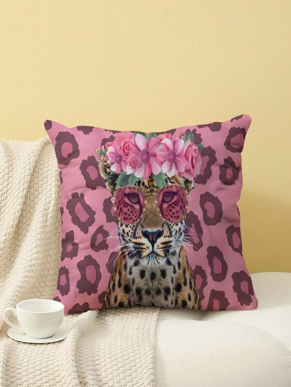 1pc Floral Leopard Pattern Single-Side Printed Pillow Cover, Home Decorative Pillow Case, No Filling