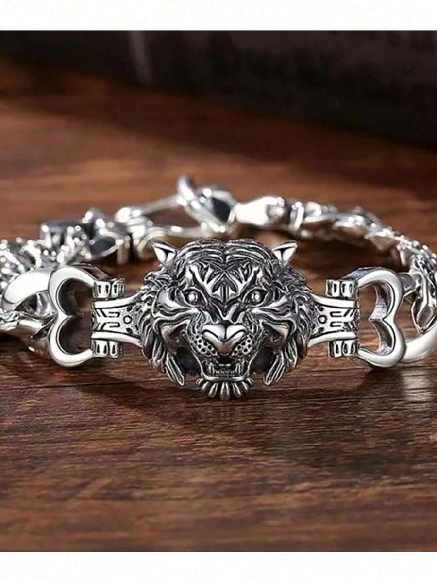 1pc Men's Fashion Powerful Tiger Head Alloy Bracelet, Suitable For Boyfriend Gifts, Party And Daily Wear