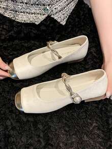 法式复古中式女鞋，高端旗袍款式，方形扣，低鞋面，拼色高跟鞋 - 米色 - 查看 5
