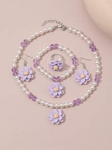5pcs/Set Children's Camellia Resin Jewelry Set Necklace, Bracelet, Ring, Earrings, Suitable For Children's Daily Decoration - Purple - View 5