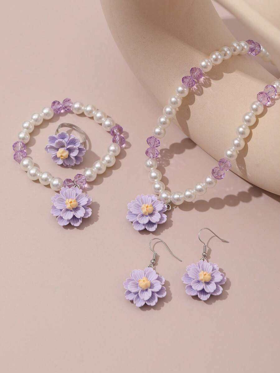 5pcs/Set Children's Camellia Resin Jewelry Set Necklace, Bracelet, Ring, Earrings, Suitable For Children's Daily Decoration - Purple - View 1