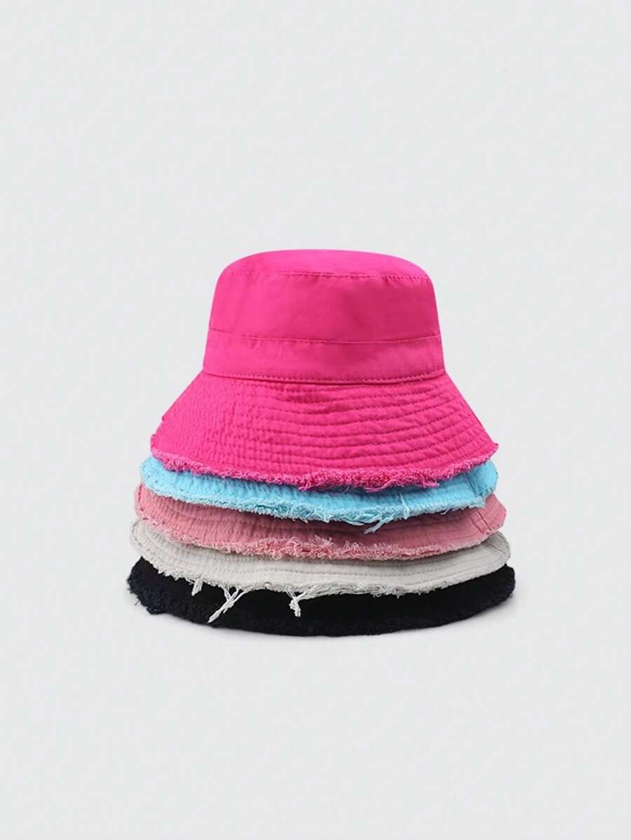 1PC 时尚女士宽边渔夫帽夏季沙滩遮阳帽粉色多巴胺颜色毛边设计适合男女四季佩戴