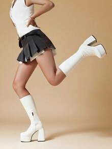 Fashion Black Platform Boots Chunky High Heels Side Zipper Stretch Leather Knee High Boots White Platform Boost For Women - 白色 - 查看 3