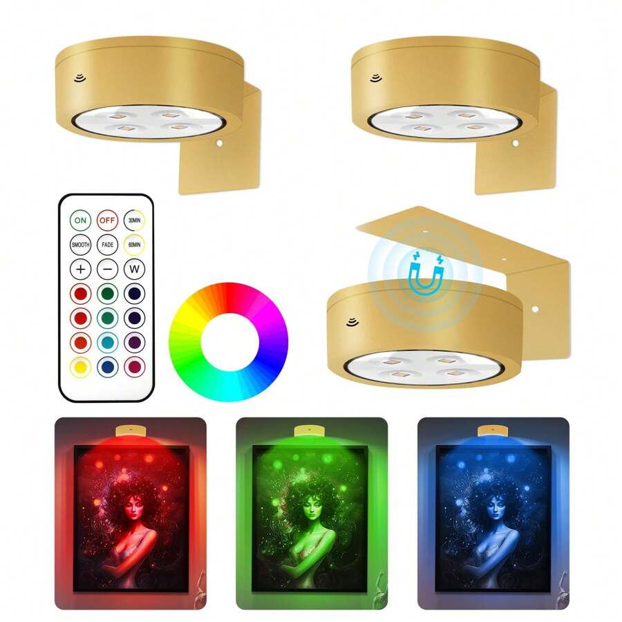 3Pcs Picture Light Battery Operated, 13 RGB Color Magnetic Led Art Display Light For Picture Frame Artworking, Wireless Painting Light With Remote Control, Party Home Wall Decor Puck Light , Gold-RGB - RGB - 查看 1