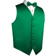 Sizes XS To 6XL Men's 3-Piece Tuxedo Vest Set – Satin Waistcoat With Bow Tie And Pocket Square For Wedding, Prom, Formal Events - Green - View 2