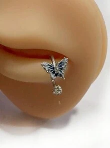 1入組藍色漸層蝴蝶唇環，C形環，馬蹄環，不鏽鋼，穿體飾品，唇釘