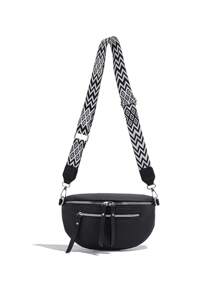 女士几何图案肩带高品质时尚简约软皮胸前斜挎包 - 黑色 - 查看 6