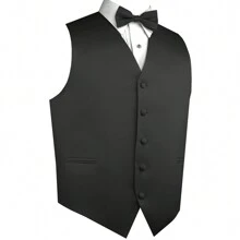Sizes XS To 6XL Men's 3-Piece Tuxedo Vest Set – Satin Waistcoat With Bow Tie And Pocket Square For Wedding, Prom, Formal Events - 木炭 - 查看 2
