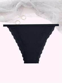 Ropa Interior Femenina Sólida De Color Con Encaje En Forma De Triángulo Y Adornos - Negro - Ver 3