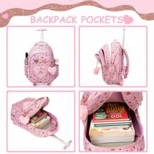 3PCS Cute Love Rolling Backpak For Girls Ribbon Bow Girls Trolley  Backpack For Primary School Backpack With Lunch Bag And Pen Bag The Best Gift For Girls - Pink - View 4