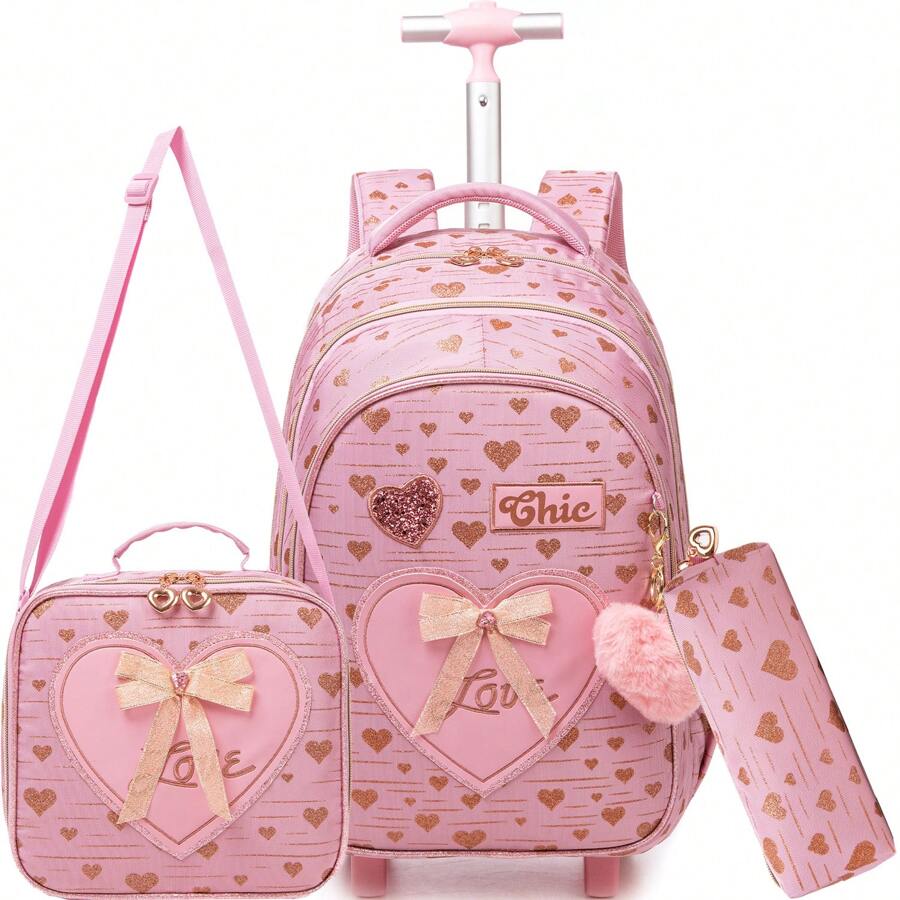 3PCS Cute Love Rolling Backpak For Girls Ribbon Bow Girls Trolley Backpack For Primary School Backpack With Lunch Bag And Pen Bag The Best Gift For Girls - Pink - View 1
