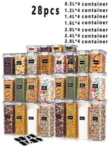 3/5/9/11/12/15/24/28入組密封食品儲存容器與蓋子，不漏水的廚房儲物盒套裝，無Bisphenol A塑料廚房儲存容器，適用於麵條、穀物、粉、糖罐等食物儲存 - 黑與白 - 查看 12