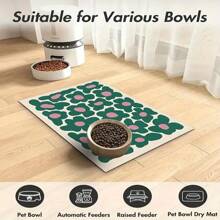 1 pièce Tapis de nourriture pour animal de compagnie impérméable à l'eau, à adhérence forte et à séchage rapide avec petits motifs verts pour chat ou chien, facile à nettoyer, convient pour divers bols à nourriture et eau