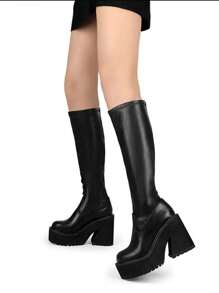 Platform Womens Elastic Knee High Combat Boots Chunky High Heel Luxury Fashion Punk Sock Motorcycle Shoes Woman - 黑色 - 查看 3