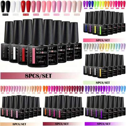 MEET ACROSS Ensemble de 8 vernis à ongles en gel pour l'été en rose et bleu, vernis en gel semi-permanent de 7 ml, colle pour ongles, dissolvant UV LED pour le vernis à ongles, ensemble de 8 couleurs d'art pour les ongles, ensemble de manucure, fournitures pour ongles, kit d'art pour les ongles DIY pour la maison ou le salon, cadeau pour femmes