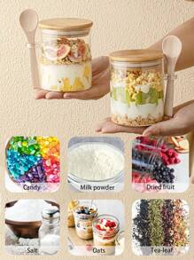 1pc/2pcs/4pcs 500ml 16.9oz Glass Jars,Overnight Oats Containers With Lids,Kitchen Glass Canisters,Glass Storage Container Airtight Food Jars With Wood Lids And A Spoon,Wide Mouth Pantry Clear Glass Jar For Flour, Sugar, Cookie,Nuts,Coffee,Biscuits,Herbs,Honey,Milk Powder,Dried Fruit,Matcha,Salt,Oats,Tea-Leaf,For Kitchen,Restaurant,Outdoor,Food Store,Party,Picnic, Refrigerator Storage