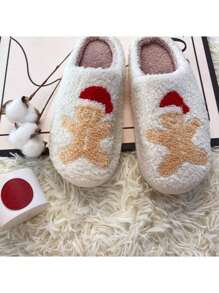圣诞节新款圣诞老人、圣诞树、雪人、圣诞袜、姜饼人、驯鹿、圣诞树顶饰、雪花毛绒内衬加厚拖鞋、情侣保暖软底家居拖鞋、秋冬 - 杏色 - 查看 2