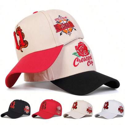 1顶男士玫瑰刺绣棒球帽，U型字母可调节五片式户外防晒休闲帽，适合旅行、海滩度假、春秋季街头情人节、夏季、假日等场合。