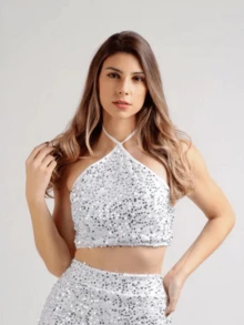 Conjunto Cropped e Calça Paetê Feminino Balada Festa Brilho Noite Gringa Luxo Paty Rodeio Brilhoso Lantejoula - Branco - Visão 4