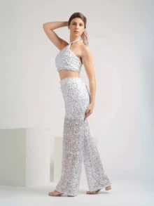 Conjunto Cropped e Calça Paetê Feminino Balada Festa Brilho Noite Gringa Luxo Paty Rodeio Brilhoso Lantejoula - Branco - Visão 6
