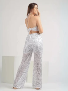 Conjunto Cropped e Calça Paetê Feminino Balada Festa Brilho Noite Gringa Luxo Paty Rodeio Brilhoso Lantejoula - Branco - Visão 2