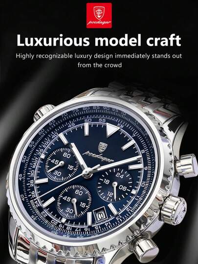 POEDAGAR 1pc Men Quartz Watchs, Stainless Steel Multi Function Date Chronograph Waterproof Luminous Pointer Watch, Wristwatches Business Occasions view 3