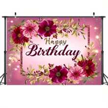 1 pieza, fondo fotográfico floral rojo burdeos con texto de feliz cumpleaños en oro rosa brillante, fondo rural de flores para decoración de fiestas de mujeres, suministros de photocall, decoración de cumpleaños, Navidad - Multicolor - Ver 8