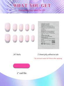 ¡Mejora tu apariencia al instante! Este set de 24 piezas de pegatinas de uñas francesas ovaladas cortas con brillo, hechas de material acrílico, incluye 1 pieza de gel de gelatina y 1 pieza de lima de uñas. Adecuado para mujeres y niñas para manualidades, se puede usar para el trabajo, el estudio y las fiestas. Uñas postizas - Ver 3