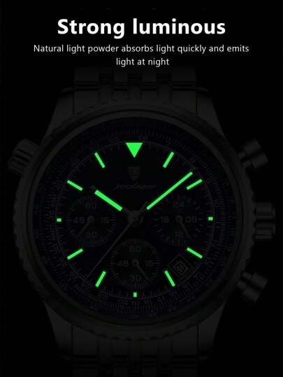 POEDAGAR 1pc Men Quartz Watchs, Stainless Steel Multi Function Date Chronograph Waterproof Luminous Pointer Watch, Wristwatches Business Occasions view 9