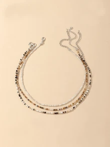 3pcs Handmade Beaded Women's Necklace Set, Bohemian Style Beach Pearl Collarbone Chain