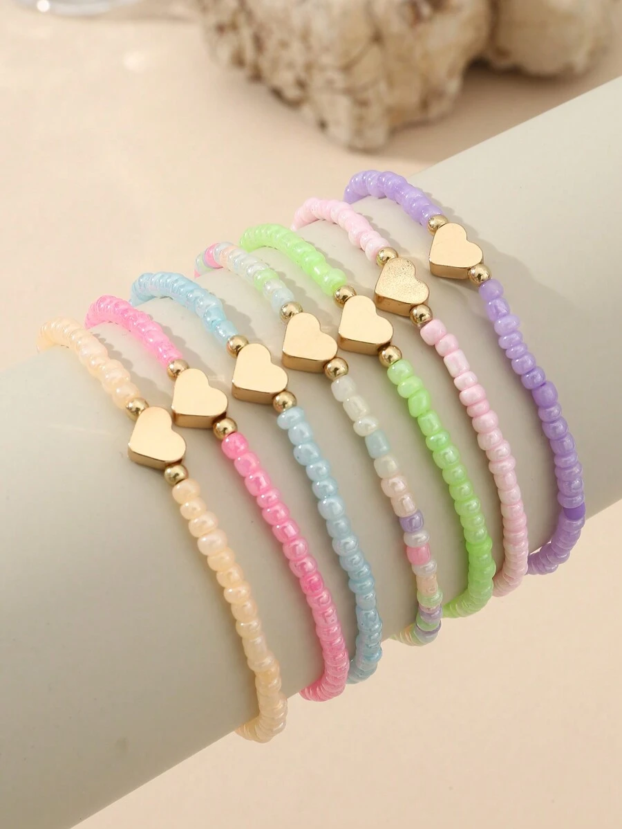 7pcs/Set Girls' Colorful Beaded Heart Charm Bracelets Set, Suitable For Daily Decoration - Multicolor - View 1