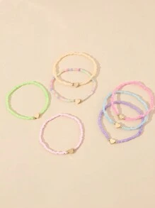 7pcs/Set Girls' Colorful Beaded Heart Charm Bracelets Set, Suitable For Daily Decoration - Multicolor - View 3