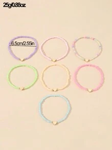 7pcs/Set Girls' Colorful Beaded Heart Charm Bracelets Set, Suitable For Daily Decoration - Multicolor - View 2