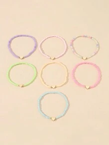 7pcs/Set Girls' Colorful Beaded Heart Charm Bracelets Set, Suitable For Daily Decoration - Multicolor - View 5