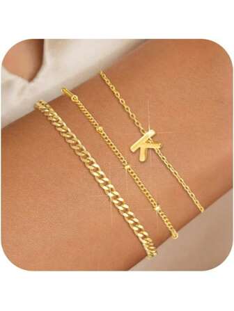 Gold Bracelets For Women Initial Bracelet Dainty 14K Gold Plated Bracelet Sets Stackable Bracelets With A-Z Letter Charm Waterpoof Jewelry Gifts For Women