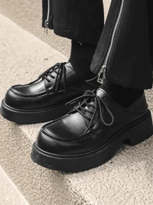 Vintage Style Lace-Up Height Increasing Dress Shoes, Men's Round Toe Low-Cut Thick Sole Casual Leather Shoes, Men's Fashionable British Style Business Leather Shoes, Men's Fashionable Couples' Leather Shoes