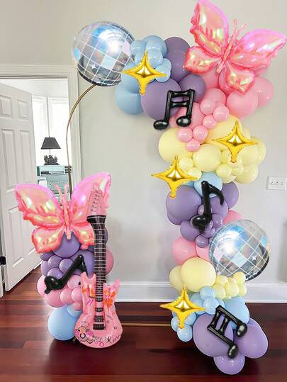 149pcs K-Pop Music Theme Balloon Arch Set, Including Pink, Purple, Navy Blue And Yellow Balloon Arches, Pink Music Notes, Bows And Explosion Star Foil Balloons, Suitable For K-Pop Theme Party Decor, Y2K Style, Concert, Music Background, Hip Hop Pop Karaoke Party Decor, Fan Birthday Party And Dance Decor