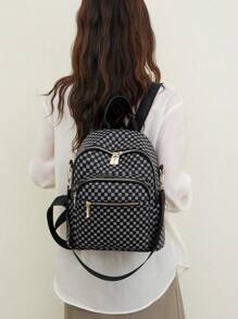 Balo nữ cổ điển, Túi đi học kẻ caro PU đa năng thời trang mới, Túi đeo vai, Túi du lịch - màu đen - Xem 3