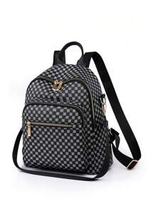 Balo nữ cổ điển, Túi đi học kẻ caro PU đa năng thời trang mới, Túi đeo vai, Túi du lịch - màu đen - Xem 6