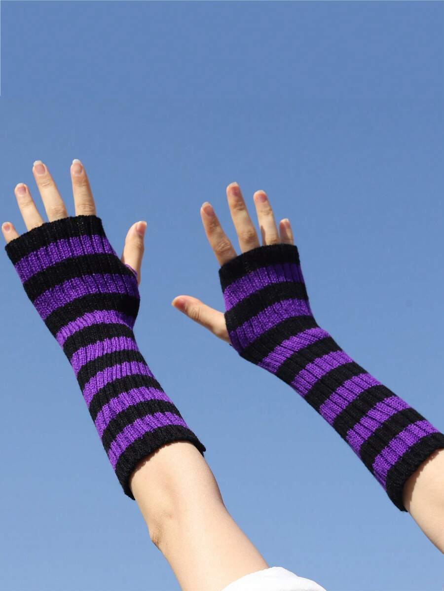 1pair Color Block Striped Knit Fingerless Long Gloves Arm Warmers For Women, Autumn Winter - Multicolor - View 1