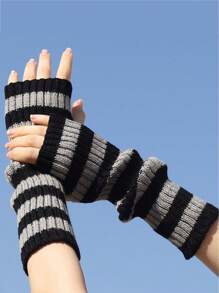 1pair Color Block Striped Knit Fingerless Long Gloves Arm Warmers For Women, Autumn Winter - Multicolor - View 7