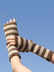 1pair Color Block Striped Knit Fingerless Long Gloves Arm Warmers For Women, Autumn Winter - Multicolor - View 3