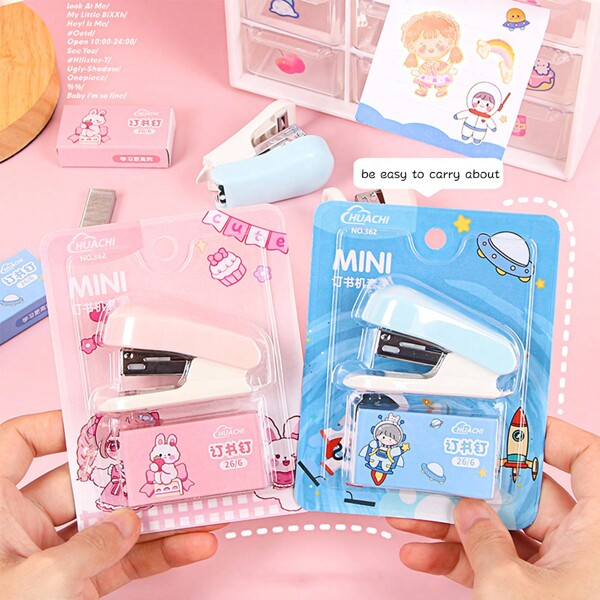 1set Cartoon Stapler & Staple,Portable Manual Mini Stapler,Stapler For Binding Documents, For Office And School Supplies Back To School,Back To School,School Supplies