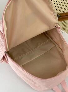 High School/College Korean Style Solid Color Striped Large Capacity Nylon Backpack, Classic Backpack With Casual College Style And Unique Design - Pink - View 5